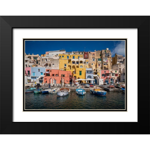 Europe-Italy-Procida-City houses and boats in Marina Corricella Black Modern Wood Framed Art Print with Double Matting by Jaynes Gallery