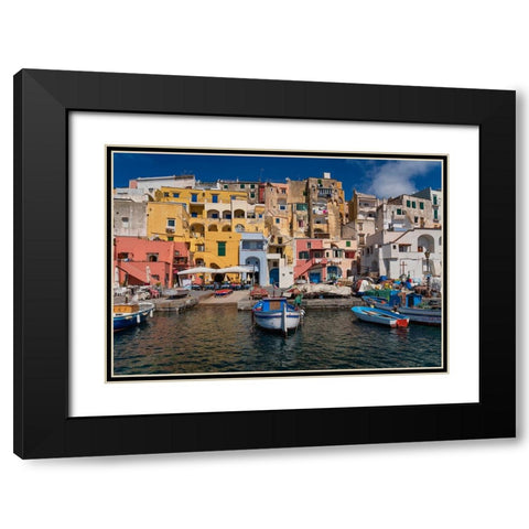 Europe-Italy-Procida-City houses and boats in Marina Corricella Black Modern Wood Framed Art Print with Double Matting by Jaynes Gallery