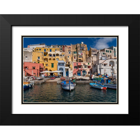 Europe-Italy-Procida-City houses and boats in Marina Corricella Black Modern Wood Framed Art Print with Double Matting by Jaynes Gallery
