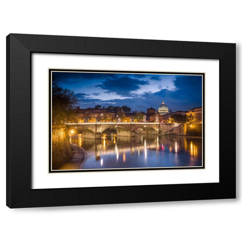 Europe-Italy-Rome-Dome of Sistine Chapel with Tiber River and bridge lit at sunset Black Modern Wood Framed Art Print with Double Matting by Jaynes Gallery