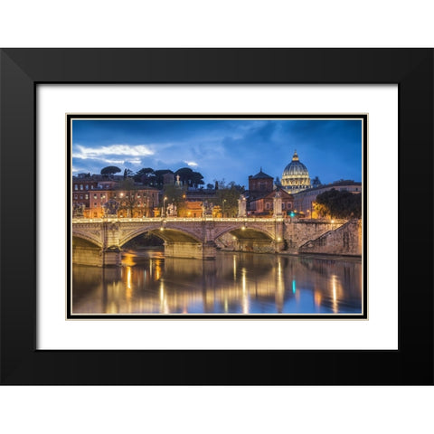 Europe-Italy-Rome-Dome of Sistine Chapel with Tiber River and bridge lit at sunset Black Modern Wood Framed Art Print with Double Matting by Jaynes Gallery