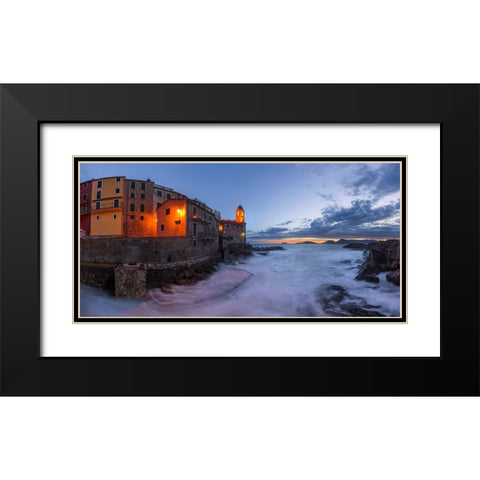 Europe-Italy-Tellaro-Panoramic of village and sea at sunset Black Modern Wood Framed Art Print with Double Matting by Jaynes Gallery