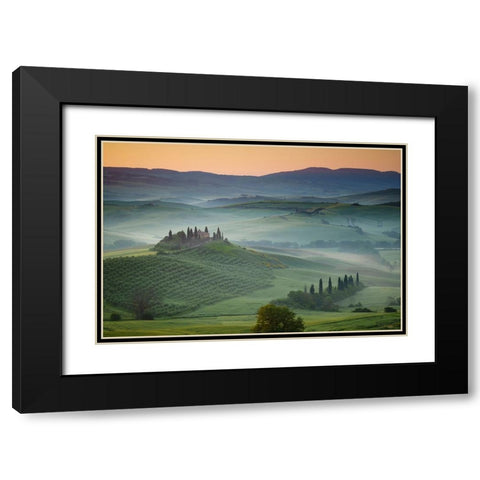 Europe-Italy-Tuscany-Val d Orcia-Belvedere farmhouse at sunrise Black Modern Wood Framed Art Print with Double Matting by Jaynes Gallery