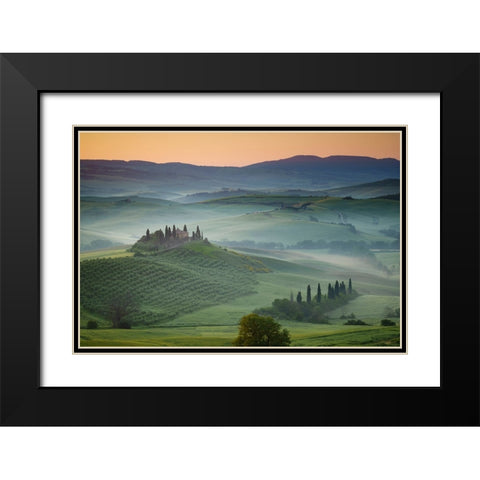 Europe-Italy-Tuscany-Val d Orcia-Belvedere farmhouse at sunrise Black Modern Wood Framed Art Print with Double Matting by Jaynes Gallery