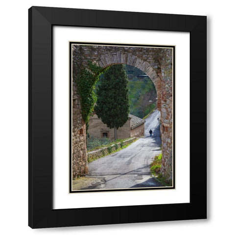 Europe-Italy-Tuscany-Val d Orcia-Lone person walking on rural road Black Modern Wood Framed Art Print with Double Matting by Jaynes Gallery