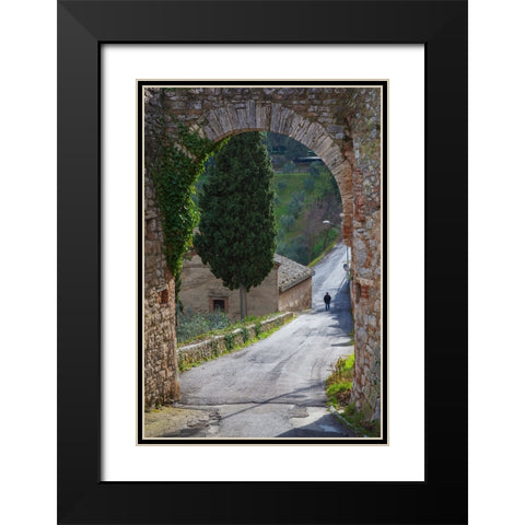 Europe-Italy-Tuscany-Val d Orcia-Lone person walking on rural road Black Modern Wood Framed Art Print with Double Matting by Jaynes Gallery