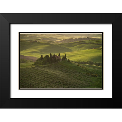 Europe-Italy-Tuscany-Val dOrcia-Belvedere farmhouse at sunrise  Black Modern Wood Framed Art Print with Double Matting by Jaynes Gallery