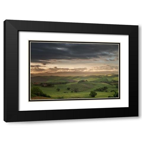 Europe-Italy-Tuscany-Val d Orcia-Belvedere farmhouse at sunrise Black Modern Wood Framed Art Print with Double Matting by Jaynes Gallery