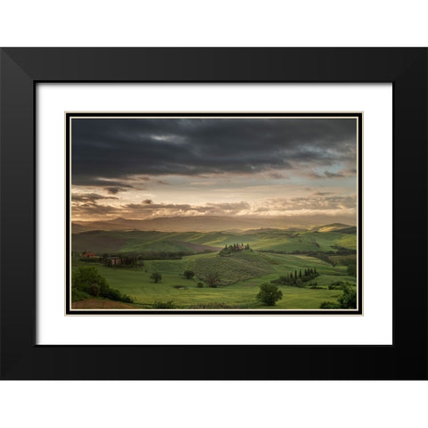 Europe-Italy-Tuscany-Val d Orcia-Belvedere farmhouse at sunrise Black Modern Wood Framed Art Print with Double Matting by Jaynes Gallery