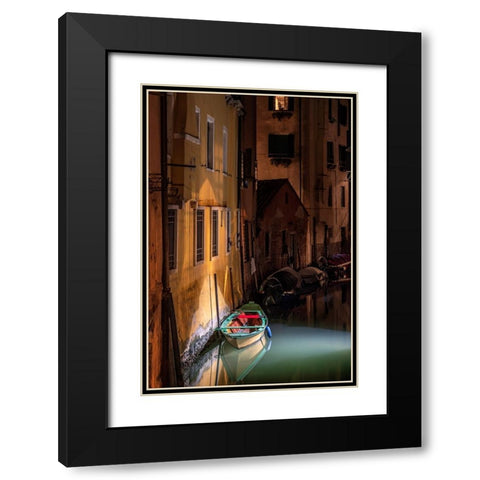 Europe-Italy-Venice-Wooden boat and reflections on still canal at night Black Modern Wood Framed Art Print with Double Matting by Jaynes Gallery