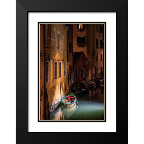 Europe-Italy-Venice-Wooden boat and reflections on still canal at night Black Modern Wood Framed Art Print with Double Matting by Jaynes Gallery