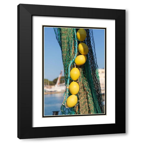 Italy-Apulia-Province of Barletta-Andria-Trani-Trani Close-up of fishing net and floats Black Modern Wood Framed Art Print with Double Matting by Wilson, Emily