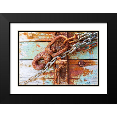 Rusty lock and chain on light blue wood Black Modern Wood Framed Art Print with Double Matting by Wilson, Emily