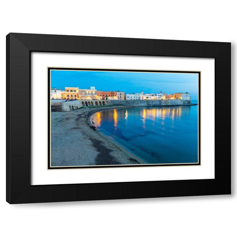 Italy-Apulia-Province of Lecce-Gallipoli Beach and old town section over the Ionian Sea at dusk Black Modern Wood Framed Art Print with Double Matting by Wilson, Emily