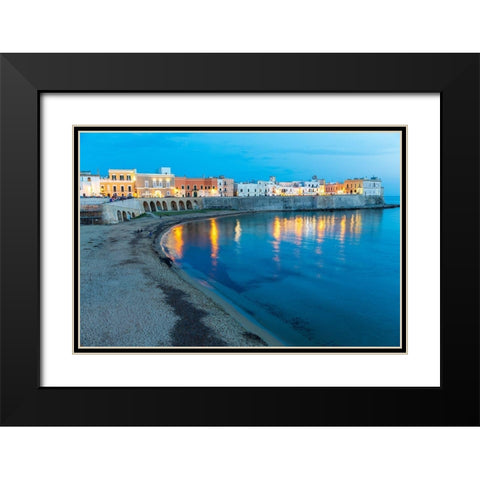 Italy-Apulia-Province of Lecce-Gallipoli Beach and old town section over the Ionian Sea at dusk Black Modern Wood Framed Art Print with Double Matting by Wilson, Emily