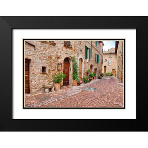 Italy-Tuscany-Pienza Flower pots and potted plants decorate a narrow street in a Tuscany village Black Modern Wood Framed Art Print with Double Matting by Eggers, Julie