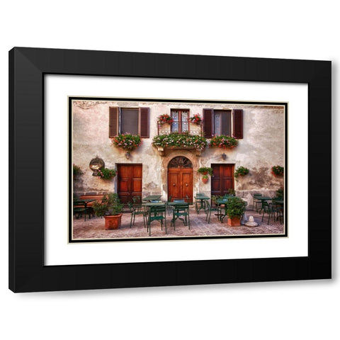 Italy-Tuscany-Pienza Tables and chairs set up outside for outdoor dining in the town of Pienza Black Modern Wood Framed Art Print with Double Matting by Eggers, Julie