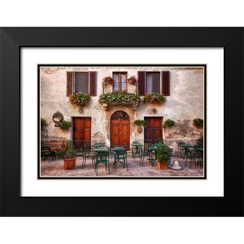 Italy-Tuscany-Pienza Tables and chairs set up outside for outdoor dining in the town of Pienza Black Modern Wood Framed Art Print with Double Matting by Eggers, Julie