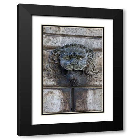 Italy-Tuscany-Montepulciano Carving of a lions head on a stone building Black Modern Wood Framed Art Print with Double Matting by Eggers, Julie