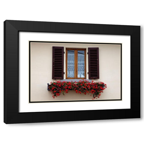 Italy-Radda in Chianti Flower boxes with red geraniums below a window with shutters Black Modern Wood Framed Art Print with Double Matting by Eggers, Julie