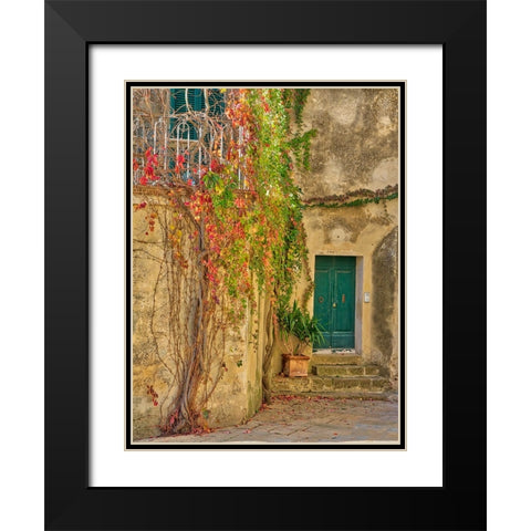 Italy-Tuscany-Monticchiello Red ivy covering the walls of the buildings Black Modern Wood Framed Art Print with Double Matting by Eggers, Julie