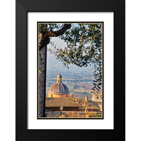 Italy- Umbria- Assisi. The dome of the Convento Chiesa Nuova with the countryside in the distance. Black Modern Wood Framed Art Print with Double Matting by Eggers, Julie