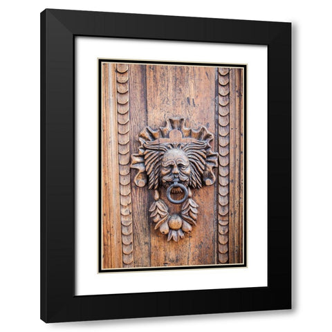 Italy- Umbria- Assisi. Ornate wood carved door knocker. Black Modern Wood Framed Art Print with Double Matting by Eggers, Julie
