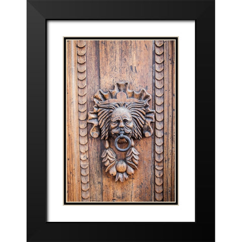 Italy- Umbria- Assisi. Ornate wood carved door knocker. Black Modern Wood Framed Art Print with Double Matting by Eggers, Julie