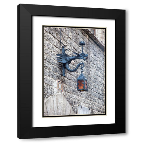 Italy- Umbria- Assisi. Old stone wall with Dragon Lantern. Black Modern Wood Framed Art Print with Double Matting by Eggers, Julie