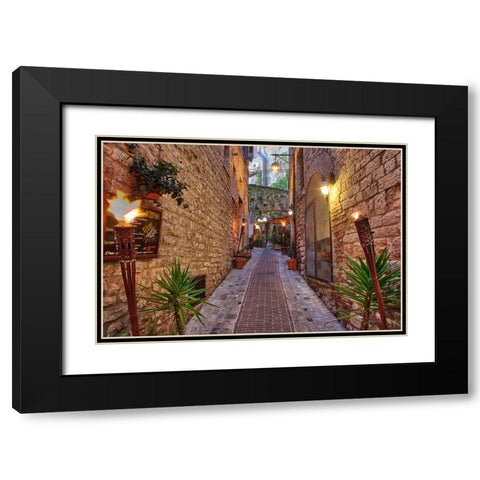 Italy- Umbria. Street lined with flower pots in the town of Assisi. Black Modern Wood Framed Art Print with Double Matting by Eggers, Julie