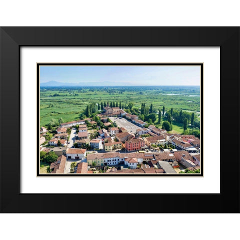 Italy-Mantova-Le Grazie village-Basilica and square-Mincio river valley in the background Black Modern Wood Framed Art Print with Double Matting by Molinari, Michele