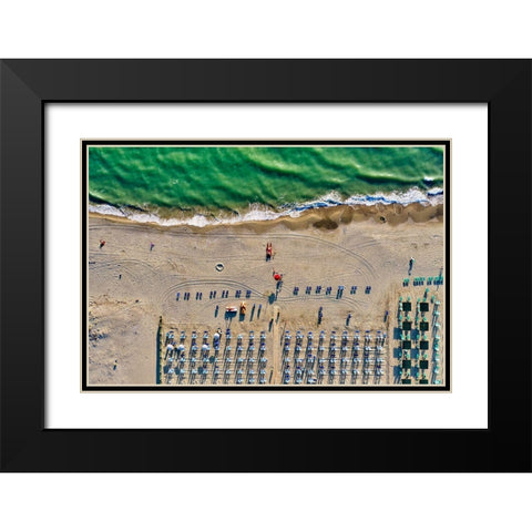 Italy-Tuscany-Torre del Lago Puccini-boathouse and neatly ordered beach chairs and umbrellas Black Modern Wood Framed Art Print with Double Matting by Molinari, Michele