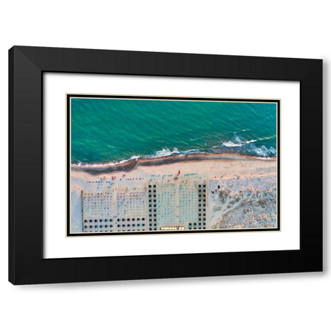 Italy-Tuscany-Torre del Lago Puccini-boathouse and neatly ordered beach chairs and umbrellas Black Modern Wood Framed Art Print with Double Matting by Molinari, Michele