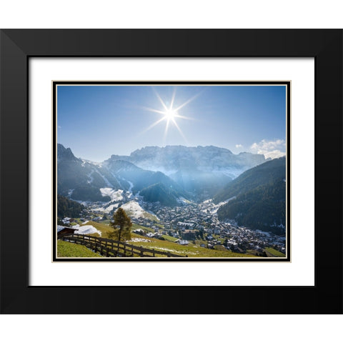 Sella mountain range and village Wolkenstein-Selva in the dolomites of South Tyrol-Alto Adige seen  Black Modern Wood Framed Art Print with Double Matting by Zwick, Martin