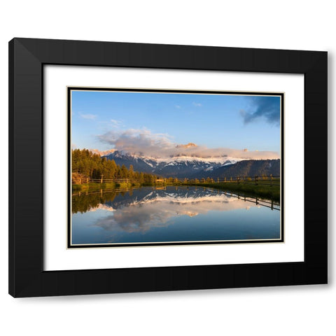 Rosengarten-Catinaccio mountain range in the dolomites of South Tyrol-Alto Adige-are reflected in a Black Modern Wood Framed Art Print with Double Matting by Zwick, Martin