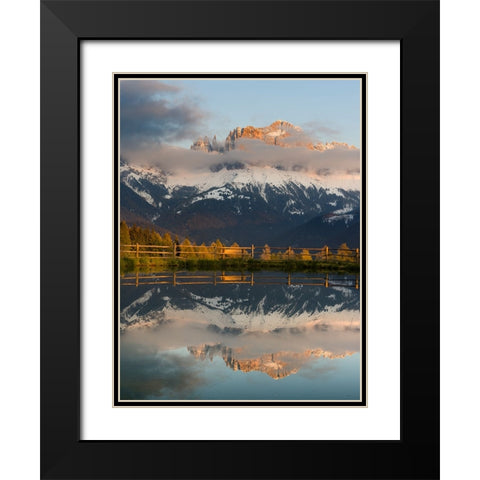 Rosengarten-Catinaccio mountain range in the dolomites of South Tyrol-Alto Adige-are reflected in a Black Modern Wood Framed Art Print with Double Matting by Zwick, Martin