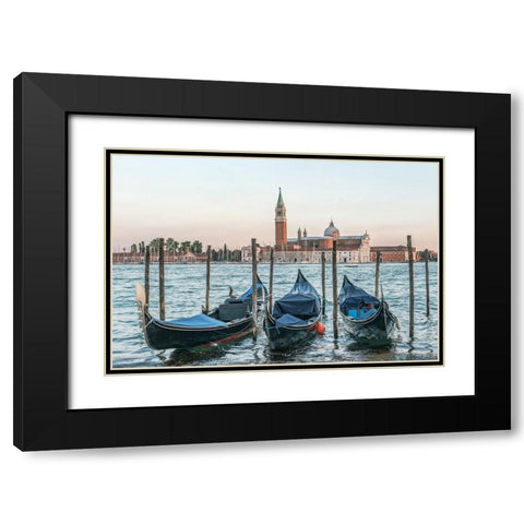 Italy-Venice Gondolas on the waterfront with San Giorgio Maggiore Church in the background Black Modern Wood Framed Art Print with Double Matting by Tilley, Rob