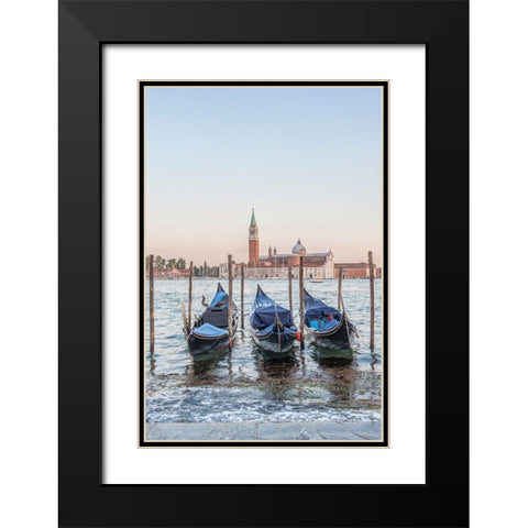Italy-Venice Gondolas on the waterfront with San Giorgio Maggiore Church in the background Black Modern Wood Framed Art Print with Double Matting by Tilley, Rob