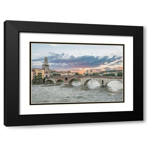 Italy-Verona Ponte Pietra (Roman Bridge) at Sunset Black Modern Wood Framed Art Print with Double Matting by Tilley, Rob