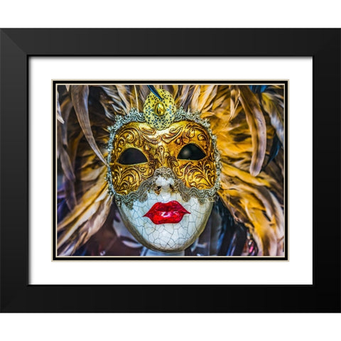 White golden Venetian mask feathers-Venice-Italy-Used since 1200s for Carnival-Also used for Mardi  Black Modern Wood Framed Art Print with Double Matting by Perry, William