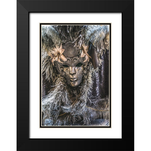 Silver Venetian mask feathers-Venice-Italy-Used since 1200s for Carnival-Also used for Mardi Gras Black Modern Wood Framed Art Print with Double Matting by Perry, William