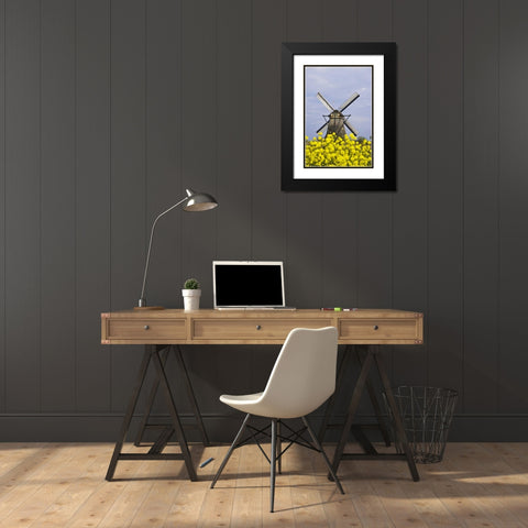 Netherlands, Kinderdijk Windmill with flowers Black Modern Wood Framed Art Print with Double Matting by Flaherty, Dennis