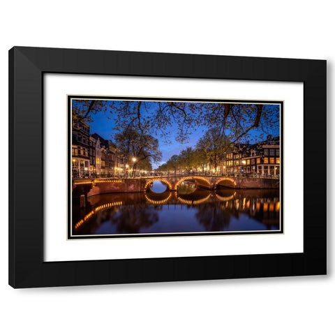 Europe-The Netherlands-Amsterdam-Canal scene at night Black Modern Wood Framed Art Print with Double Matting by Jaynes Gallery