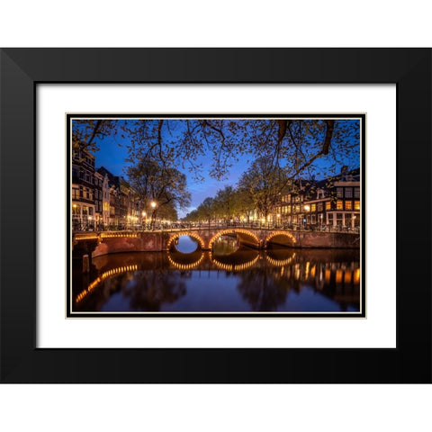 Europe-The Netherlands-Amsterdam-Canal scene at night Black Modern Wood Framed Art Print with Double Matting by Jaynes Gallery