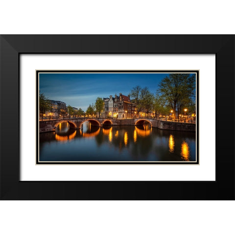 Europe-The Netherlands-Amsterdam-Canal scene at sunset Black Modern Wood Framed Art Print with Double Matting by Jaynes Gallery