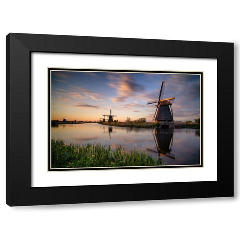 Europe-The Netherlands-Kinderdijk windmills at sunset Black Modern Wood Framed Art Print with Double Matting by Jaynes Gallery