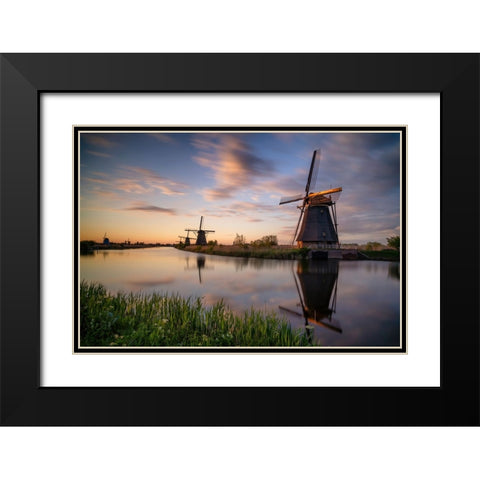 Europe-The Netherlands-Kinderdijk windmills at sunset Black Modern Wood Framed Art Print with Double Matting by Jaynes Gallery