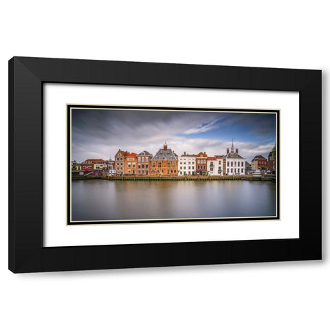 Europe-The Netherlands-Maassluis-Row of buildings on ocean pier Black Modern Wood Framed Art Print with Double Matting by Jaynes Gallery