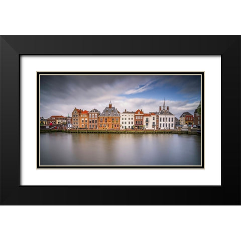Europe-The Netherlands-Maassluis-Row of buildings on ocean pier Black Modern Wood Framed Art Print with Double Matting by Jaynes Gallery