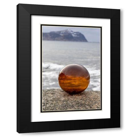 Norway- Lofoten Islands- Vareid. Mountains and ocean viewed through a glass ball Black Modern Wood Framed Art Print with Double Matting by Looney, Hollice